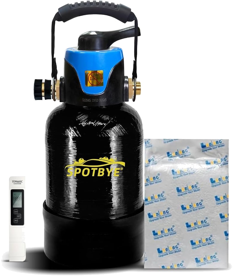 The SPOTBYE deionizing filtration system I use — a portable tank with a handheld TDS meter and replacement resin.